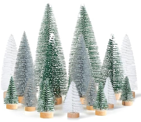 Lot de 16 Mini sapins de Noël décoratifs - Vert argenté et Blanc - Mini Sapin de givré - 4,5/10/15 cm - pour décoration de Noël, décoration de Table, Bricolage