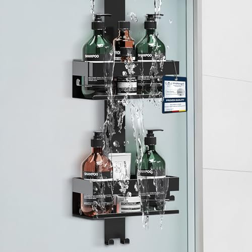 W&S Mensola Doccia da Appendere Senza Forature - Scaffale Bagno in Acciaio Inox | Mensola Doccia Antiruggine | Organizer per il Bagno, Porta Shampoo, Porta Bagnoschiuma, Cestino Doccia - Nero