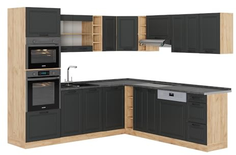 Vicco Eckküche R-Line, Anthrazit Landhaus/Goldkraft Eiche, 247 x 46 cm ohne Arbeitsplatte, zum individuellen Aufbau und zur Erweiterung mit Zusatzmodulen
