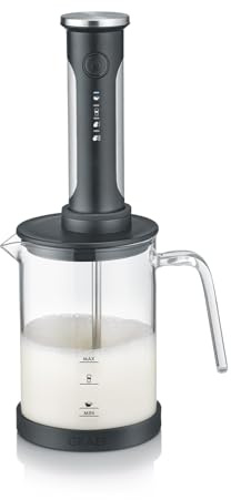 GRAEF kabelloser Milchaufschäumer MS202EU Schwarz, Rühren, Schäumen & Mixen, Glas-Milchkännchen, einfache intuitive Ein-Tasten-Bedienung, 4 Funktionen, leicht bedienbar mit einer Taste