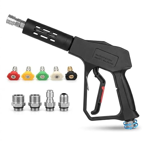 NereidWash Swivel Pressure Washer Gun,Sturdy 5000PSI Short Power Washer Wand Carwash Spray Foam Gun Handle with 3/8 Plug & M22-14mm & M22-15mm and 1/4 Adapter 5 nozzles