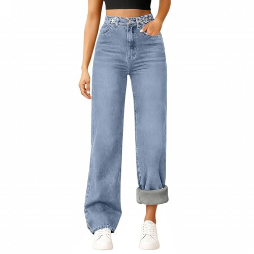 Générique Jean Polaire Femme Taille Haute Straight Jeans Thermiques en Flanelle avec Doublure en Polaire Jeans pour Femme Hiver Chaud Pantalon Mode Baggy Jambes Jean Décontracté Trousers
