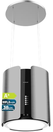 Cecotec Cappa a Isola Rotonda 38 cm Bolero Flux CRE 385500 Inox A+. Portata 591,2 m³/h, Motore DC, Comandi Elettronici, Filtro Carbone, Classe A+, Finitura Inox