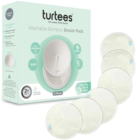 Turtees Reusable Nursing Pads 6 Pack - Bamboo Breast Pads, Washable Leak-Proof Absorbent Nursing Pads for Breastfeeding, Eco-Friendly with Laundry Bag