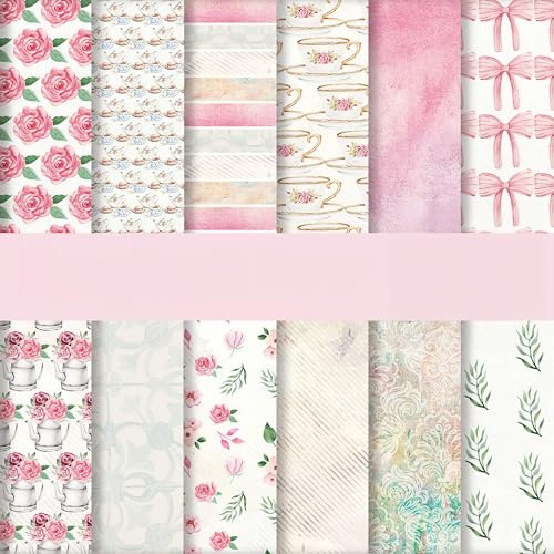 PLUSHCEWT 24 Sheets Pink Floral & Bow Scrapbook Paper, 6x6 inch Decoupage Paper Sheets, 12 Vintage-Inspired Designs, Patterned Craft Papers for Scrapbooking, Card Making, Gift Wrapping, DIY