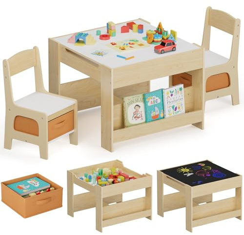 MAMIZO Tavolo per bambinicon 2 sedie, 3 in 1 Set tavolo e sedie, Mobili in legno per bambini con contenitori e librerie, Tavolo da gioco e attività, Tavolo da disegno, 3-7 ann (Colore venatura legno)