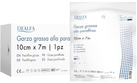 TOUCHMED Medicazione Sterile di Garza Grassa alla Paraffina - Rotolo cm 10x7 mt - 100% Puro Cotone - Favorisce il Naturale Processo di Guarigione della Ferita - Confezione singola da 1 Busta