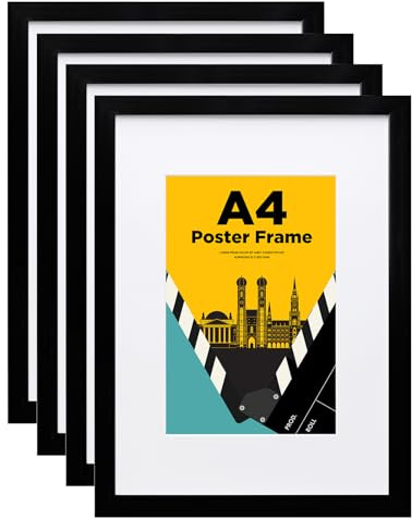 Egofine Bildram A4, träram med akrylglas, 21 x 29,7 cm affischram för bord och väggmontering, passepartout för foton DIN A5, perfekt för foton, affischer, pussel, hem, kontor, svart, 4