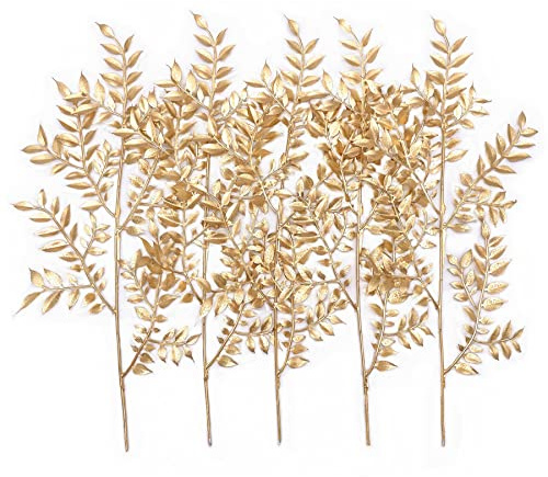 PASYOU Fake Leaves Plants for Christmas Decor, Gold Artificial Shrubs Grass Foliage Plastic Bulk Leaf Indoor Outdoor Home Garden Party Hotel Verandah Wedding Event Faux DIY Decoration - Golden 5 Pack
