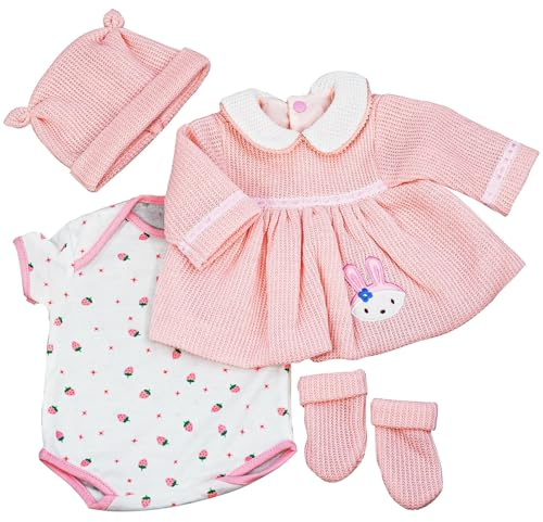 BiBi Doll Baby Girl Doll & Reborn Clothes Set, 20 (50cm) - Pink Bunny Dress Outfit with Matching Hat & Mittens - Role Play Toys & Accessories for Girls & Boys
