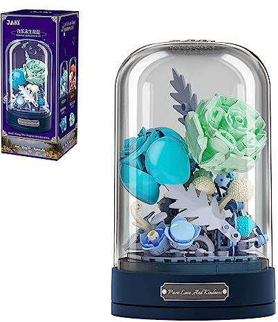 MEIEST Set di Mattoncini per Bouquet di Fiori con Carillon e Cupola Antipolvere, Collezione di Fiori Artificiali in Particelle, Mattoni da Costruzione Giocattolo, Decorazione per la Casa, 6+ (Blu)