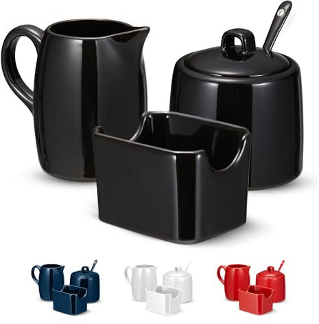 Kook Zucker- und Milchkännchen-Set, 3-teilig, Krug, Zuckerdose mit Deckel und Löffel, Süßstoffhalter (Schwarz)