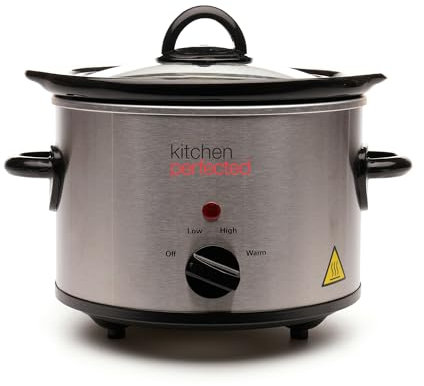 KitchenPerfected 1.5Ltr Round Slow Cooker - 3 Heat Settings - Removable Crock Pot - Power & Temp Indicator Light - Toughened Glass Lid - Cool Touch Handles - - Brushed Steel - E3016SS
