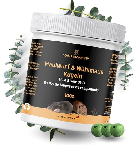 Répulsif anti-taupes et campagnols – 100 boules – Parfum citron eucalyptus – Biodégradable – Efficace contre les taupes et les campagnols – Fabriqué en Allemagne