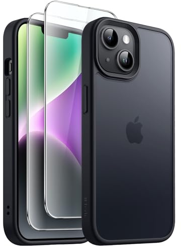 JETech 3 in 1 Matte Case for iPhone 14, Black | 2 Tempered Glass Screen Protectors, Translucent Frosted Phone Cover