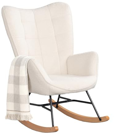 MEUBLE COSY Sedia a Dondolo Poltrona Imbottita Relax con Braccioli Schienale Alto per Soggiorno Cameretta in Tessuto Sherpa con Gambe in Legno, Beige