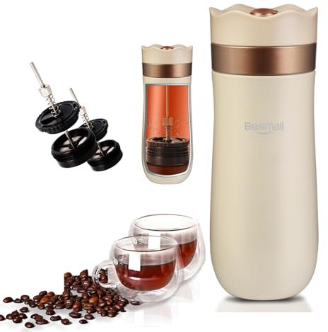 Besmall French Press Thermo Kaffeemaschine Tragbare Cafetière mit Dreifachfilter Becher Edelstahl Thermobecher mit Filtertasse Tee/Kaffee Wasserkocher Reise Französisch Camping (Milchweiß)