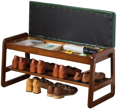 latifolia Massivholzbank, Schuhbank für den Eingangsbereich, mit Kissen, aufklappbares Ablagefach, 2-stöckiger Schuh-Organizer (Grün, 80 cm L)