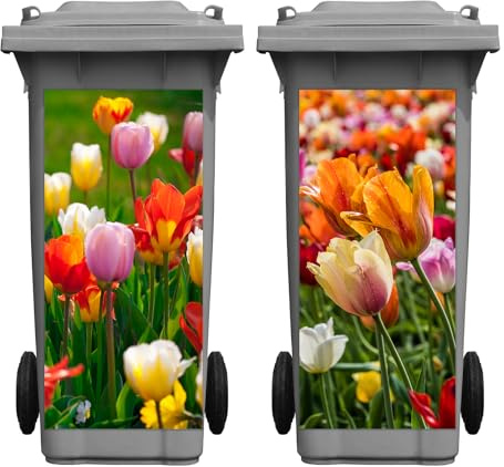 Nezyo 2 Sheets Wheelie Bin Stickers, Tulip Flowers Dustbin Sticker Decorative Self Adhesive Waterproof Large Floral Bin Decal for Dustbin Fridge Wall Indoor Outdoor Home Decor, 14. 37 x 30. 71 Inch
