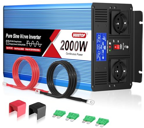 BENNTOP 2 000 W/4 000 W DC 24 V till AC 230 V, ren sinusväxelriktare, spänningsomvandlare med 2 AC-uttag, 1 USB-port, LCD-skärm, för bil och husbil