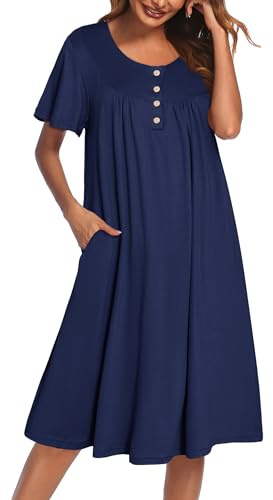 Ekouaer Vestido de casa para mujer con bolsillos, manga corta, camisones | Vestido Mumu con estampado floral, vestidos de noche plisados con botones, vestido de descanso hasta la rodilla
