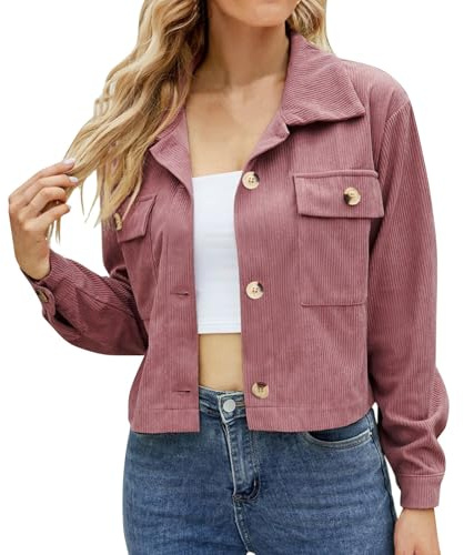 Generisch Chaqueta de pana para mujer, chaqueta corta con botones y bolsillos, chaqueta corta de pana, B06 Rosa, S