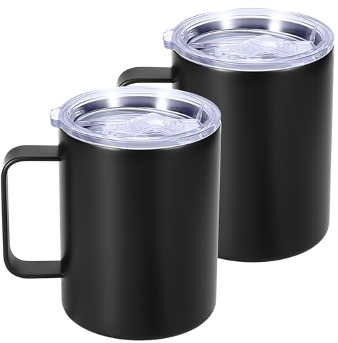 2 stycken koppar i rostfritt stål, 350 ml termosmugg med handtag och glidmodullock, temugg av rostfritt stål, kaffekopp med dubbla väggar, camping kaffekoppar, termosmugg set för camping, festivaler