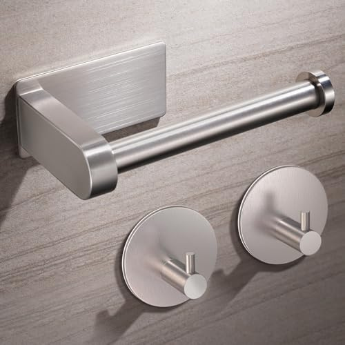 Aikzik Toilet Roll Holder Wall Mounted, Premium 304 Stainless Steel Self Adhesive Toilet Paper Holder and 2 Adhesive Hooks for Bathroom & Kitchen, Strong Adhesiveness and Waterproof, Silver