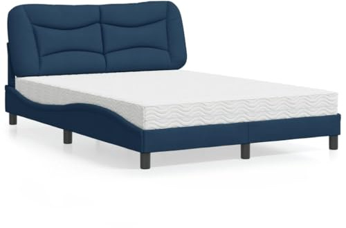 GeenYuu Hvar Säng med madrass, blå, 140 x 200 cm, tygöverdrag, vågforms-design, komfortskummadrass H2/H3, sovrumsmöbler set