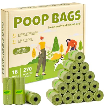 Soodyoow 270 pièces Sac a Crottes Chien, Sacs Ramasse Crottes pour Chiens, Sacs Caca Chiens, Recharges en Rouleaux, Portable, Étanches et Extra Épais (18 Rouleaux, 15 par Rouleau)