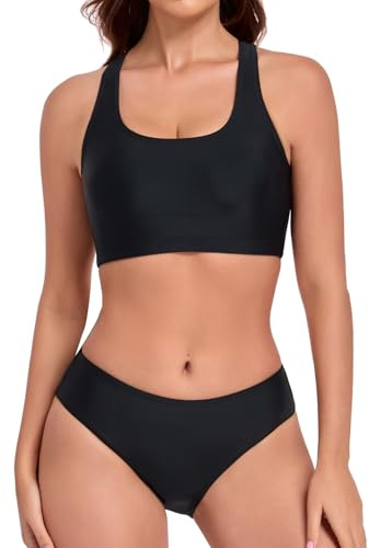 Women's Bikini Set Sporty Scoop Neck Racerback Two Piece Swimsuit L,Black