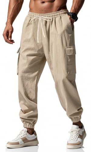 OLIPHEE Pantaloni Uomo Lino Estivi Lunghi con Tasche e Elastico in Vita Casual Pantaloni Cargo Leggeri Uomo Comodo Loose Fit Pantalone Spiaggia Baggy Pants Primavera