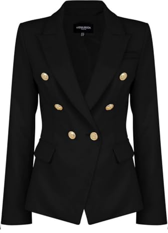 Womens Double Breasted Military Style Blazer Ladies Coat Jacket (US14, Black)
