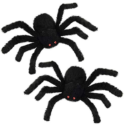 FEPITO 2 Large Halloween Spiders 30cm Black Spiders with Red Eyes Scary Spider for Halloween Party Decoration