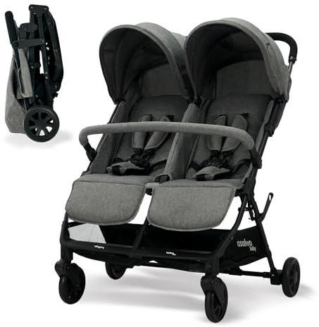 Silla de Paseo Doble para Gemelos o Hermanos, Ligera, Reclinable y Plegable con Capotas y Freno Trasero – Asalvo DOUBLE HENRY Gris