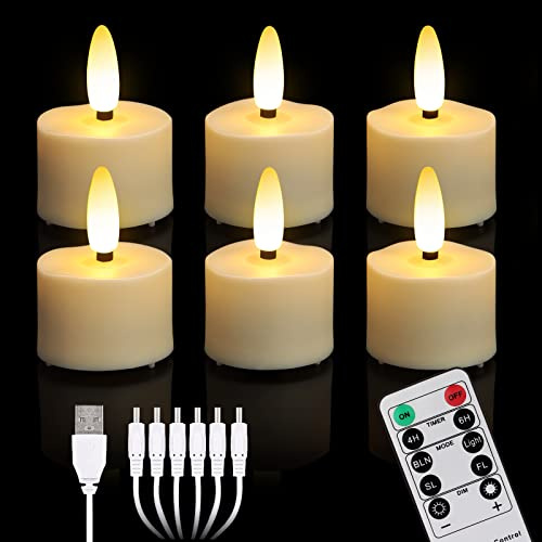yunsheng Lot de 6 bougies chauffe-plat LED rechargeables, bougies sans flamme avec télécommande de minuterie et 6 ports de charge USB, lumière vacillante blanc chaud, décoration d'Halloween, Noël,