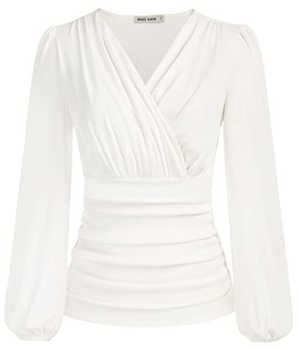 GRACE KARIN Blouse Unie à Manches Longues de Lanterne Col Croisé en V Femme Haut d'Été à Taille Froncée Top Femme Chic et Élégant