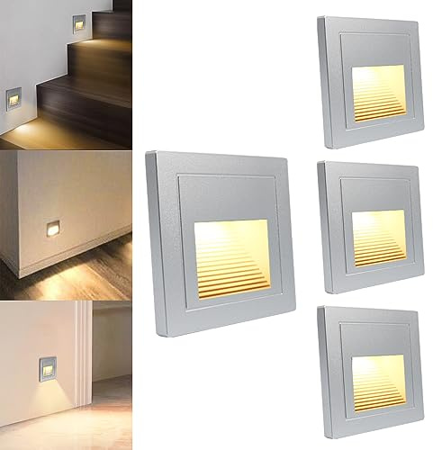 Aroteljus 4 LED-trappljus trappbelysning för inomhus vägginstallation lampa trapplampa silver varmvit för 60 mm strömbrytare burkar trappljus belysning, 85 x 85 mm, fyrkantig för trappor