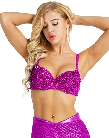 Nyeemya Sujetador con Alambre para Mujeres Lentejuelas Brillantes Fiesta Top Bustier con Purpurina Disfraz De Danza del Vientre Sexy Top Clubwear Gogo Dance Trajes Rave Rosa Oscuro S
