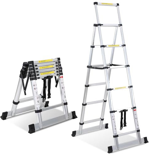 Fiqops Escalera telescópica plegable de 1,7 + 2 m, marco en A, 5 + 6 peldaños, escalera de aluminio antideslizante con barra estabilizadora, escalera multiusos, capacidad de carga máxima 150 kg