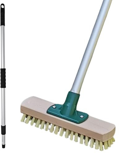 Holz Schrubber mit Teleskop Stiel Boden Scheuer Bürste Wischer Bodenbürste grobe Borsten Reinigung innen aussen Fliesen Terasse Garten Bad Küche Schrupper mit Teleskopstiel verstellbar bis 165,5 cm