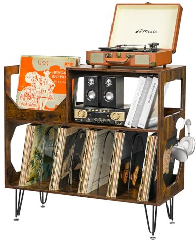 ikkle Plattenspieler-Ständer Vintage Plattenspieler Tisch, Plattenspieler Schallplattenständer mit Aufbewahrung, Holz Beistelltisch Vinyl Plattenspieler Stand mit Metallfüßen für Wohnzimmer