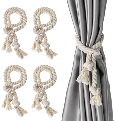 Qianyu 4 Stück Vorhangseil Raffhalter aus Seil Boho Vorhangbänder Dorf-Stil Rustikal Geflochtene Vorhanghalter Handgemachte Baumwolle Fenster-Gürtel für Drapierungen im Freien Zuhause