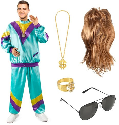 6 in 1 Set Kostüm - 80er 90er Retro Overall - mit Vokuhila Perücke, Trainingsanzug, Goldkette, Ring, Brille - Fasching & Karneval (170-190 cm)