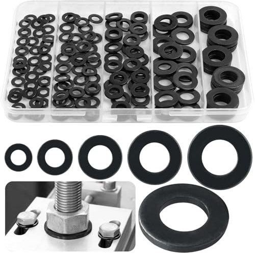 Celepoir 150 Pièces Rondelles Acier au Carbone Set, M4 M5 M6 M8 M10 Rondelle Assortiment, Noir Rondelle d'étanchéité en Acier au Carbone pour Gonds de Porte, Réparations à la Maison