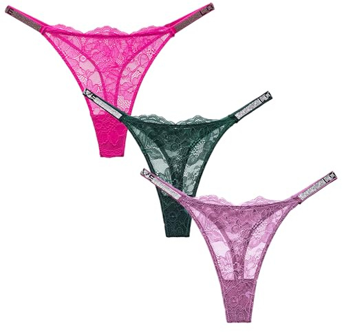 Maeau Lot de 3 Strings en Dentelle pour Femme - Stretch - Strass - Transparent - en Filet - Lingerie Sexy - Culotte Sexy - Tailles EU XS-L (Asie S-XL), Vert + Rose + Violet, S