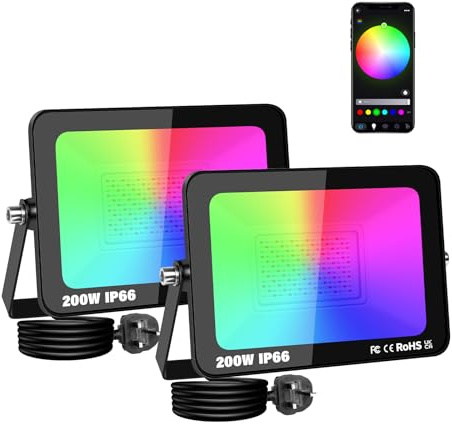 Willpower 2PCS Foco LED RGBW 200W, Proyector LED Exterior con Control de Bluetooth APP, 16 Colores 4 modos, Luz de Inundación RGB para Jardín Terraza Fiestas Halloween Navidad, con Enchufe