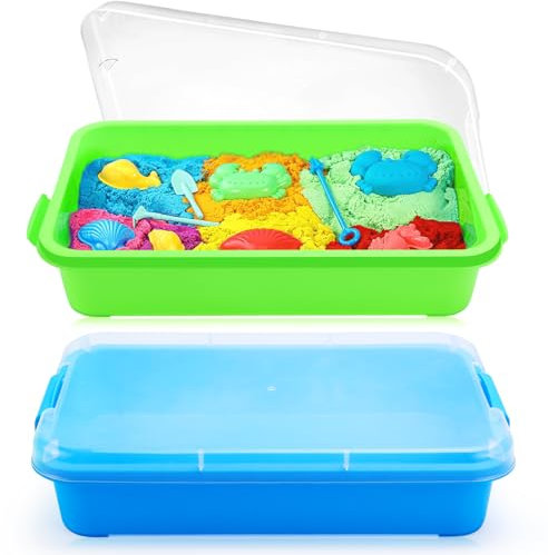 QGGTQG Sandbox con coperchio Sensory Bin con coperchio per bambini, vassoio in plastica, copertura per sandbox Sensory Sandbox contenitore per acqua, sabbia, perle e altro (verde e blu)