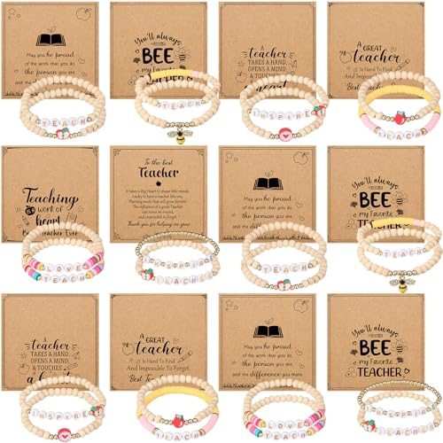 Huquary 12 Set Teacher Appreciation Bracelets Gift Set for Women Men 24 Pcs Wooden Beaded Elastic Bracelets with 12 Pcs Cards Thank You Gifts for Teacher Christmas Birthday Retirement Present