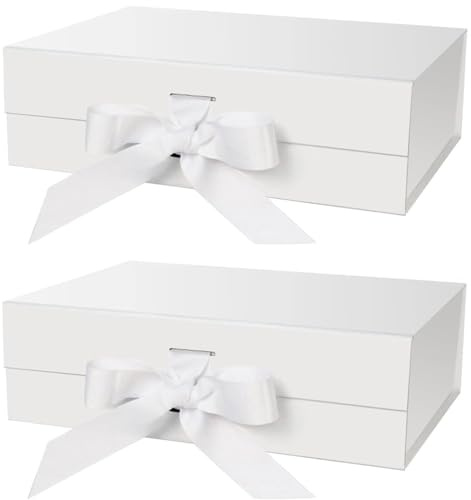 KAHEIGN 2 Pezzi Scatole Regalo Magnetiche con Coperchio, 31CM x 22CM x 10CM Bianco Scatola Regalo in Carta con Nastro per Matrimonio Compleanno Natale San Valentino Festa Confezione Regalo